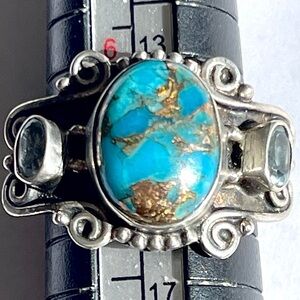 Vintage Southwestern Sterling Silver Turquoise and Blue Topaz Ring Size 6.5